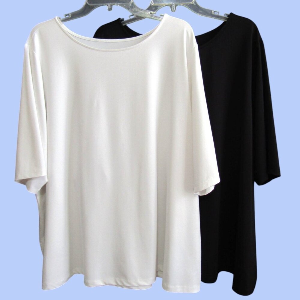 Susan Graver Essentials Butterknit Elbow Sleeve Bateau Neck Tops Black White 3X